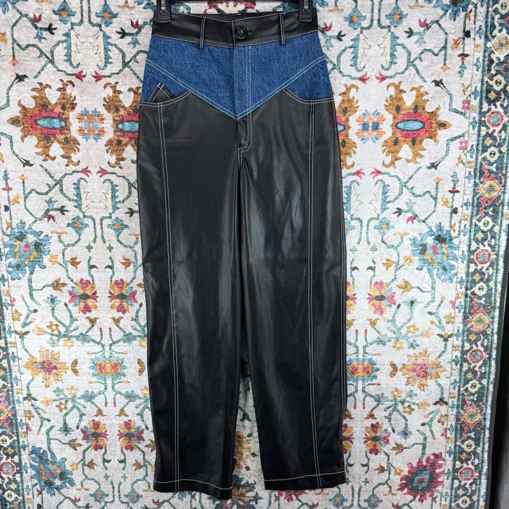 Mixed Media Faux Leather Denim Yoke Pants Black Blue Contrast Stitch Western 25‎